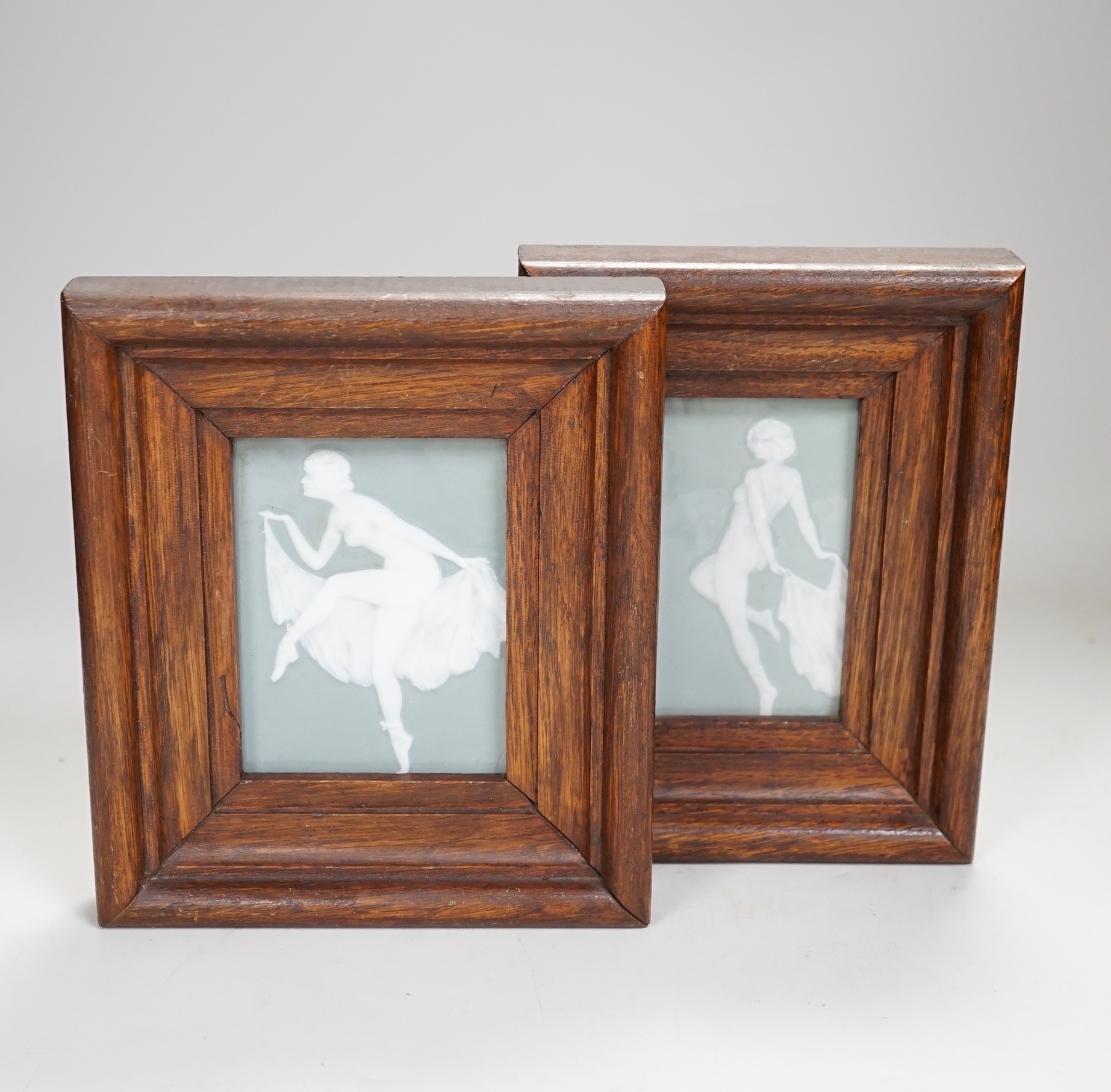 Two French pate-sur-pate panels of dancers, each signed Dufaud, framed, the largest overall 20cm x 17cm